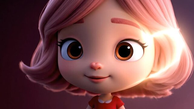 A 3D cartoon girl with pink hair and brown eyes smiles warmly in a dark studio setting for an animation project.