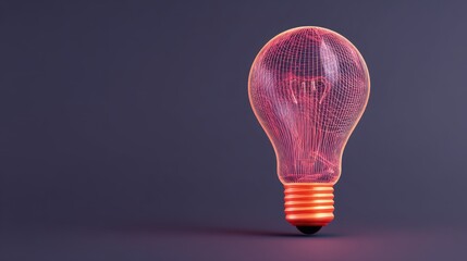 Modern 3D rendering of a glowing light bulb with a wireframe design against a dark purple background, representing innovation and creativity in technology