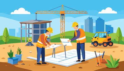 Construction workers reviewing building plans on a construction site.