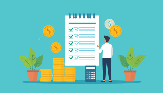 Man checking financial documents with coins and plants nearby.