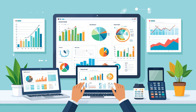 Business data analysis on multiple digital devices with charts and graphs.