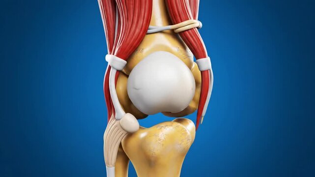 Anatomical knee joint illustration with muscles ligaments and bone structure