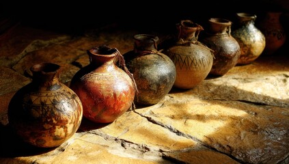 Array of hand-crafted pottery vessels in varying shades and textures basked in sunlight