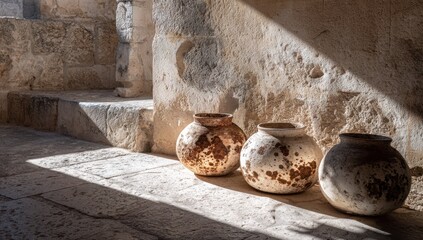 Sunlight streams onto three aged pots, casting shadows near stone steps and a rough wall