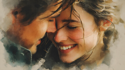 Romantic couple embracing in artistic red watercolor background during a celebration of love