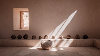 Sunlit interior shows ancient pottery on a shelf below a small window; shadows and light