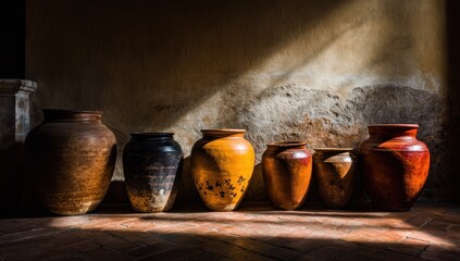 Rustic terracotta pots in a row, lit by sunlight on a textured wall, old brick floor