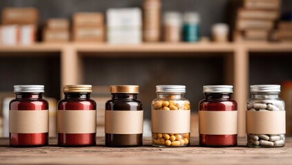 Six pill bottles with labels on a wood surface, with shelves of supplements in the background