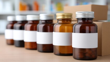 Row of brown medicine bottles with blank labels on a wooden surface near cardboard boxes