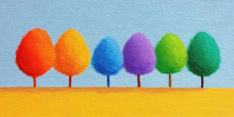 A colorful painting depicts six vibrant trees in a rainbow arrangement set against a blue sky