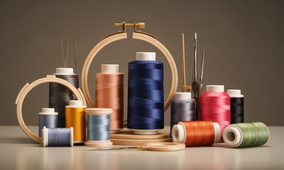 A collection of colorful spools of thread, needles, hoops, and tools for embroidery