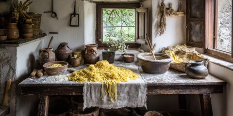 Rustic kitchen scene with pasta, pottery, and window light. A worn table is the focal point