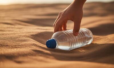 A hand reaching for a full water bottle lying in sun-drenched desert sand