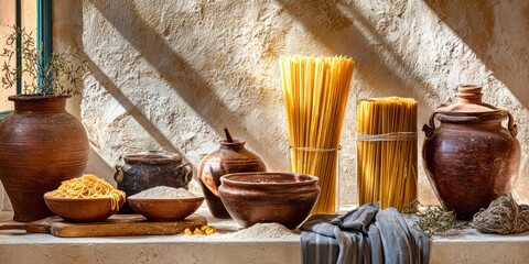 Rustic shelf of pasta, grains, & earthenware pots with textured wall background, sunlit