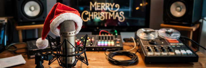 Microphone with Santa hat in recording studio for New Year celebration