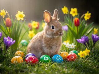 Cute fluffy bunny rabbit sitting on grass with colorful Easter eggs and spring flowers