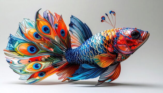 Exquisite Betta Fish Sculpture with Peacock Feather Accents.