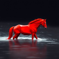 Polygonal Red Horse in Water Low Poly Geometric Animal Digital Art Landscape with Reflections and Sunset_2