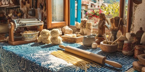 Rustic kitchen scene with pasta-making equipment, rolling pin, and window overlooking a vista