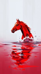 Polygonal Red Horse in Water Low Poly Geometric Animal Digital Art Landscape with Reflections and Sunset_1
