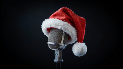 Vintage microphone with Santa hat for festive New Year celebration