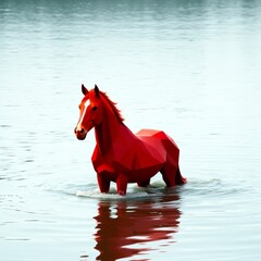 Polygonal Red Horse in Water Low Poly Geometric Animal Digital Art Landscape with Reflections and Sunset_3