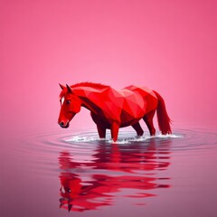 Polygonal Red Horse in Water Low Poly Geometric Animal Digital Art Landscape with Reflections and Sunset_4