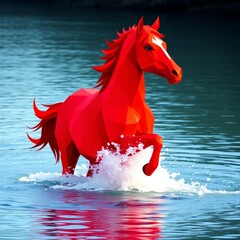 Polygonal Red Horse in Water Low Poly Geometric Animal Digital Art Landscape with Reflections and Sunset_5