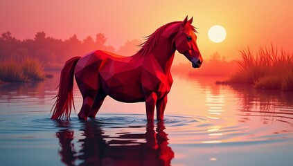 Polygonal Red Horse in Water Low Poly Geometric Animal Digital Art Landscape with Reflections and Sunset_6