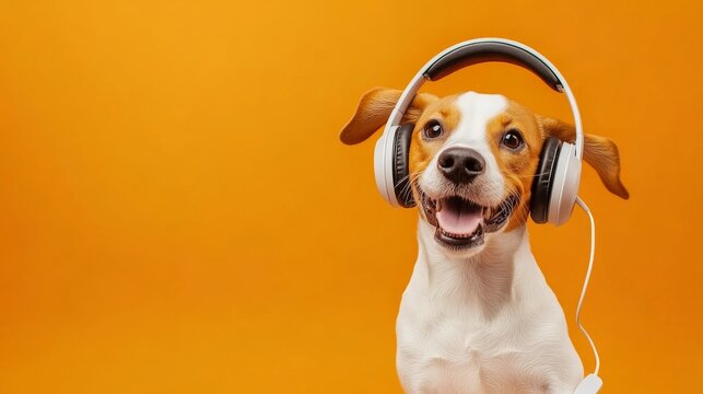 Cute dog with headphones enjoys music against a bright orange background in a fun setting that brings joy and energy at any time of the day
