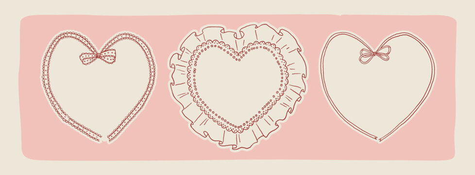 Collection of heart shaped Valentine's decorative whimsical frames in coquette style on a light pink background. Lace bows  frame in rococo love opera aesthetic. Vector hand drawn graphic set