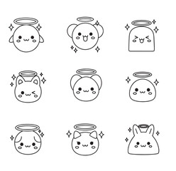 A delightful collection of nine unique, cute animal faces, each adorned with a halo, rendered in a simple, clean line art style.