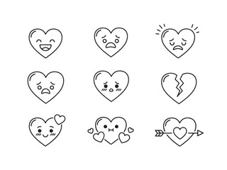 A set of nine heart-shaped emoticons, each expressing a different emotion through simple line drawings. Emotions range from joy and love to sadness and heartbreak.
