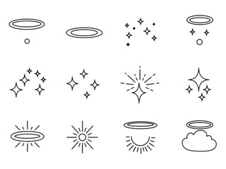 A set of minimalist line art icons featuring halos, sparkles, and radiant light effects, perfect for adding a touch of magic to designs.