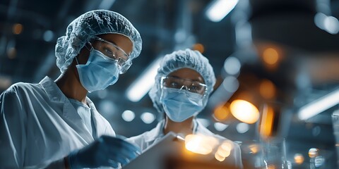 Two female scientists wea full PPE review data on a clipboard in a sterile laboratory environment while performing experiments carefully.