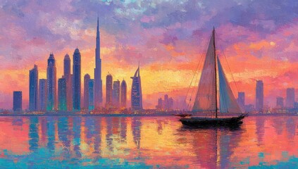 Vibrant sunset painting depicts city skyline with sailboat, reflecting on water