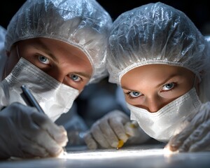 Two focused forensic scientists in sterile suits meticulously examine evidence at crime scene under bright light with intense expressions of