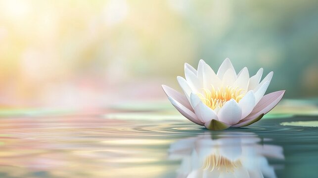 White lotus flower floats on water with reflection in soft blurry background during daylight - Powered by Adobe