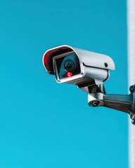 A security camera, mounted on a pole against a bright blue sky, angled upward
