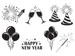 A festive collection of New Year's Eve elements, including fireworks, champagne glasses, party hats, balloons, and sparklers, perfect for holiday designs.