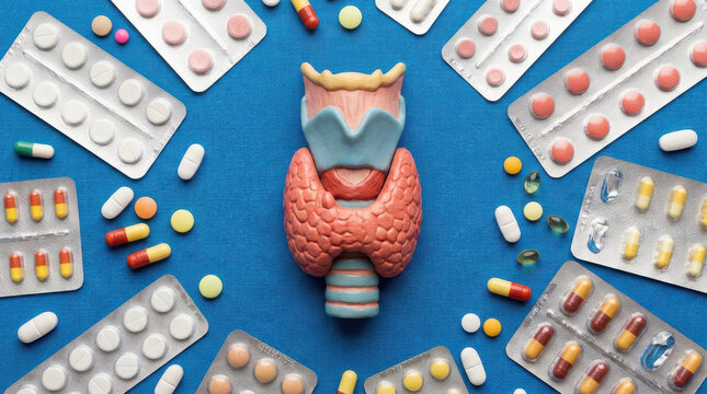 Cancer health concept care background woman doctor endocrine gland model with thyroid hormone pill medication assortment on blue surface symbol for medical therapy Cancer check concept