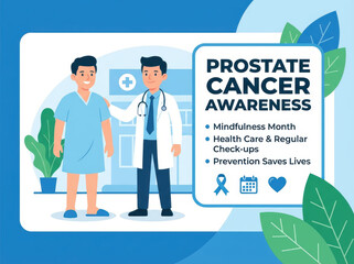 Prostate cancer awareness health care concept poster with smiling man and friendly doctor clinic background promoting checkup and prevention support woman doctor care message Cancer check concept