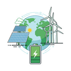 Illustration of solar panels, wind turbines, and a battery, symbolizing renewable energy sources powering a sustainable Earth and clean energy solutions.