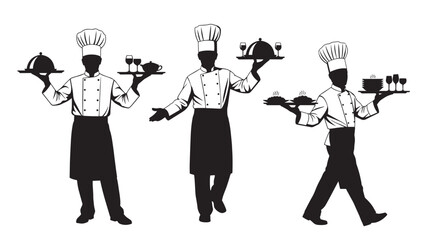 Monochrome silhouettes of chefs in uniform, each carrying trays of food and drinks, showcasing culinary service and professionalism.