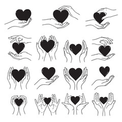 A set of hand-drawn illustrations featuring hands gently holding hearts, symbolizing love, care, and support in various gestures.