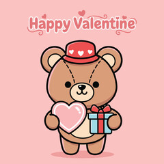 Adorable cartoon bear wearing a hat, holding a heart and a gift box, perfect for Valentine's Day greetings and illustrations.