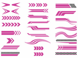 A collection of pink racing stripes and graphics, perfect for adding a sporty touch to any vehicle. Includes arrows, waves, and checkered patterns.