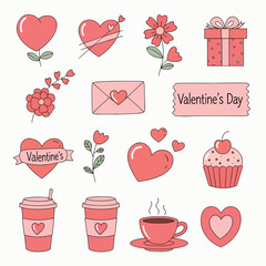 Collection of Valentine's Day themed doodles featuring hearts, flowers, gifts, and other romantic elements in a cute and whimsical style.