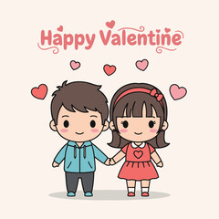 Adorable chibi-style illustration of a boy and girl holding hands, surrounded by hearts, celebrating Valentine's Day with a 'Happy Valentine' message above them.