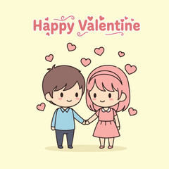 Adorable chibi-style illustration of a boy and girl holding hands, surrounded by floating hearts, celebrating Valentine's Day with a cute and loving design.